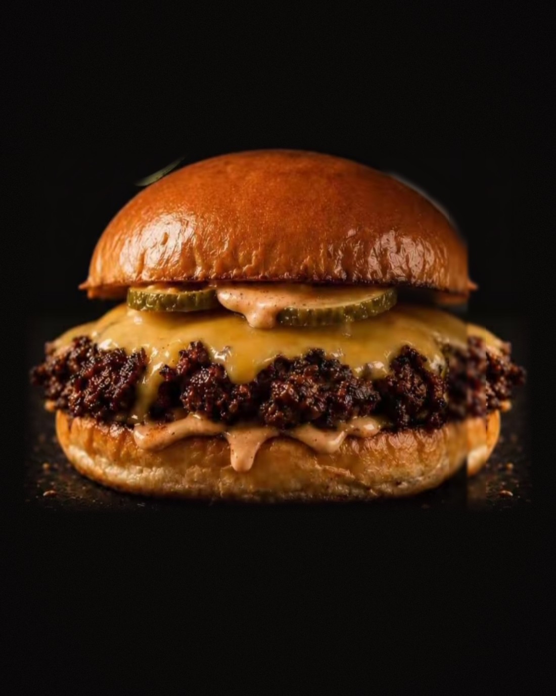 A Smash House Burger with melted cheese, pickles and sauce